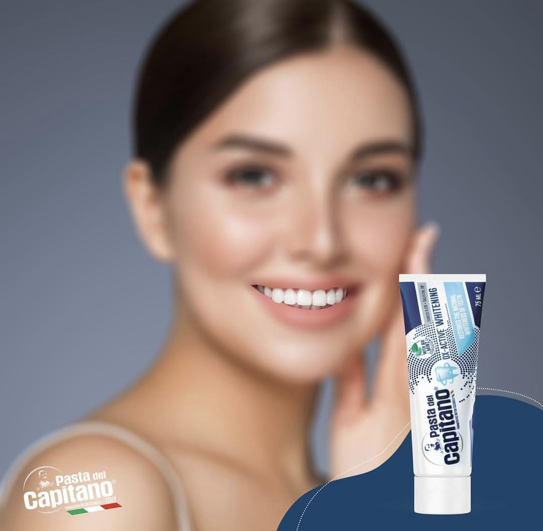 خرید خمیر دندان سفید کننده پاستا دل کاپیتانو مدل Ox-Active حجم 75 میلی لیتر با فرمول اکسیژن فعال و درخشان کنندگی فوری دندان